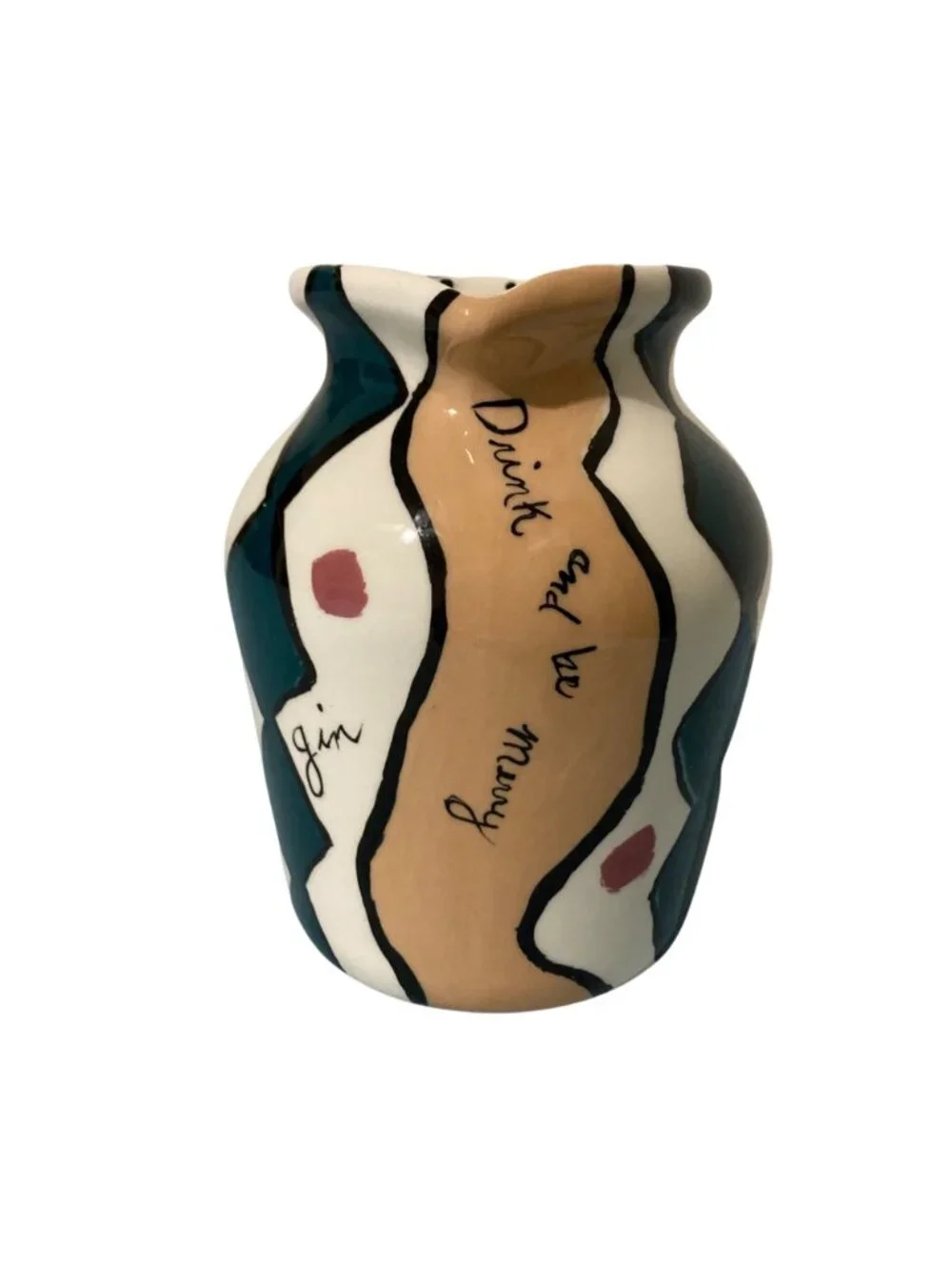 Hand Painted Barware Ceramic Pitcher With Abstract Design Fun Drink-Themed Text